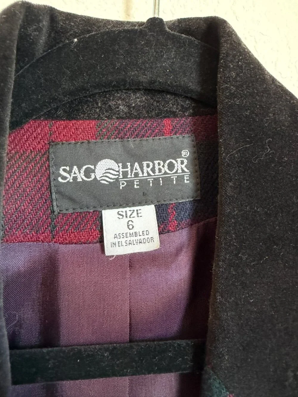 Vintage Sag Harbor Petite Red Green Plaid Velvet Collar Blazer Jacket 6 - Picture 5 of 7